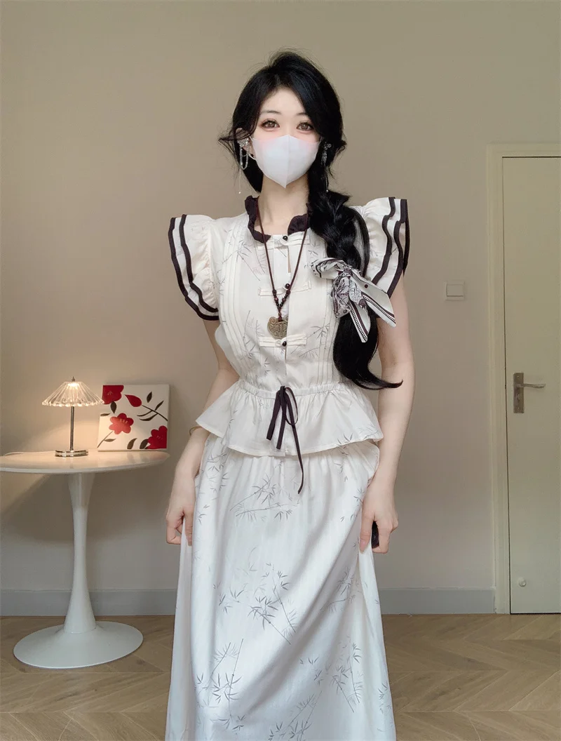 Fashion Two Piece Sets Women Clothing Flying Sleeve Tops High Waist A-line Long Skirt Suit Roupas Femme Summer Printing Outfits
Fashion Two Piece Sets Women Clothing Flying Sleeve Tops High Waist A-line Long Skirt Suit Roupas Femme Summer Printing Outfits