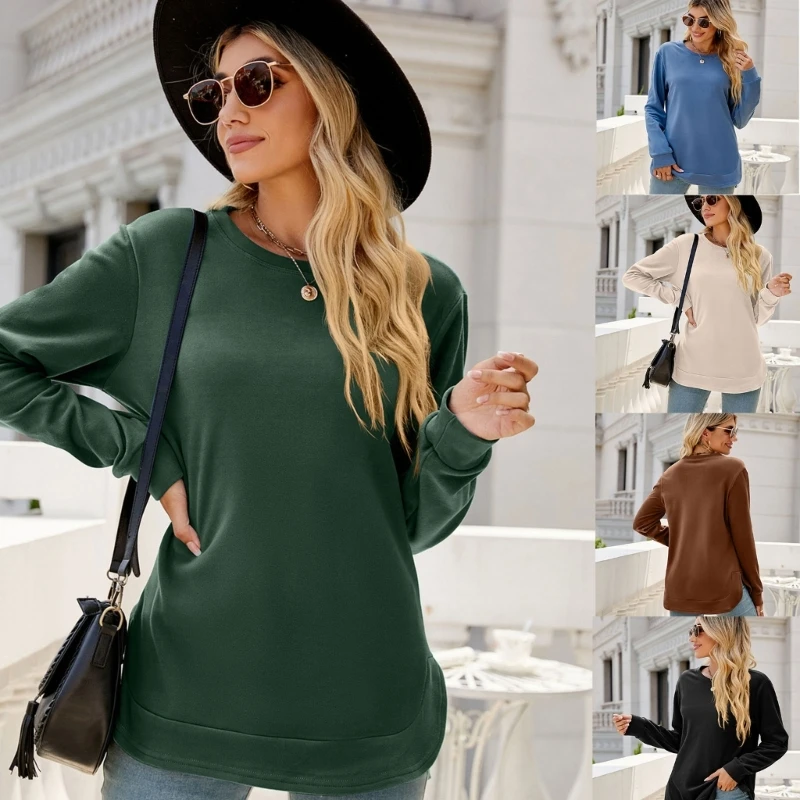 

Women Casual Long Sleeve T-Shirt Crewneck Pullover Tunic Top Solid Color Side Split High Low Curved Hem Loose Sweatshirt Y1QD