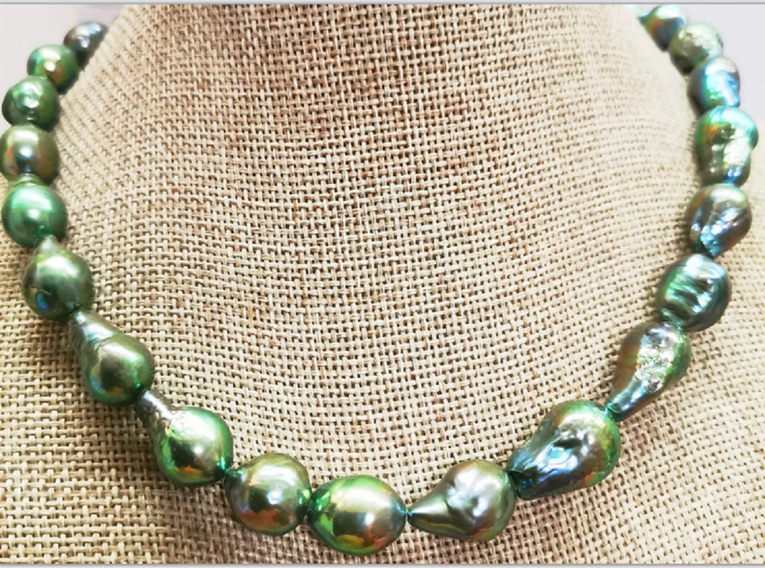 

Huge 18"10x13-13x19mm Sea Genuine Green Peacock Pearl Necklace Free Shipping For Women Men Pearl Necklace