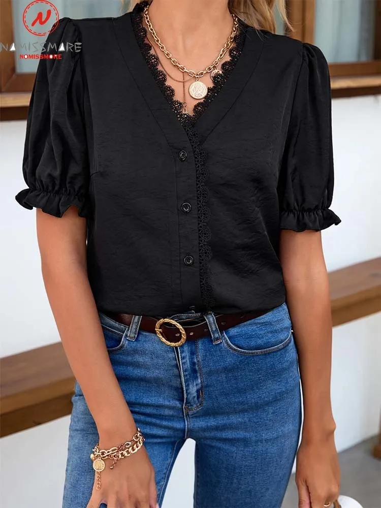 Elegant Women Summer Solid Color Shirts Single-Breasted Design Lace Decor V-Neck Lantern Sleeve Cardigan Top
Elegant Women Summer Solid Color Shirts Single-Breasted Design Lace Decor V-Neck Lantern Sleeve Cardigan Top