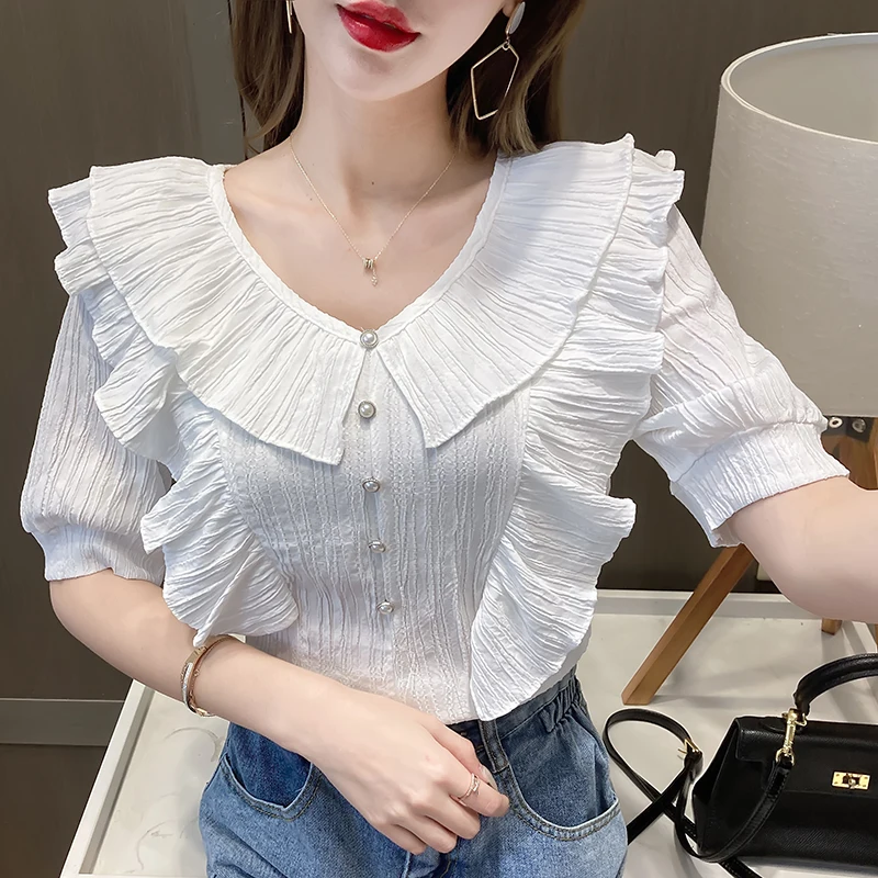 Solid Color Women Clothing Loose 2022 New Women's Tops Korean Ruffle Chiffon Shirt Short Sleeve V-neck Blouse Shirt Camisas 518A
Solid Color Women Clothing Loose 2022 New Women's Tops Korean Ruffle Chiffon Shirt Short Sleeve V-neck Blouse Shirt Camisas 518A