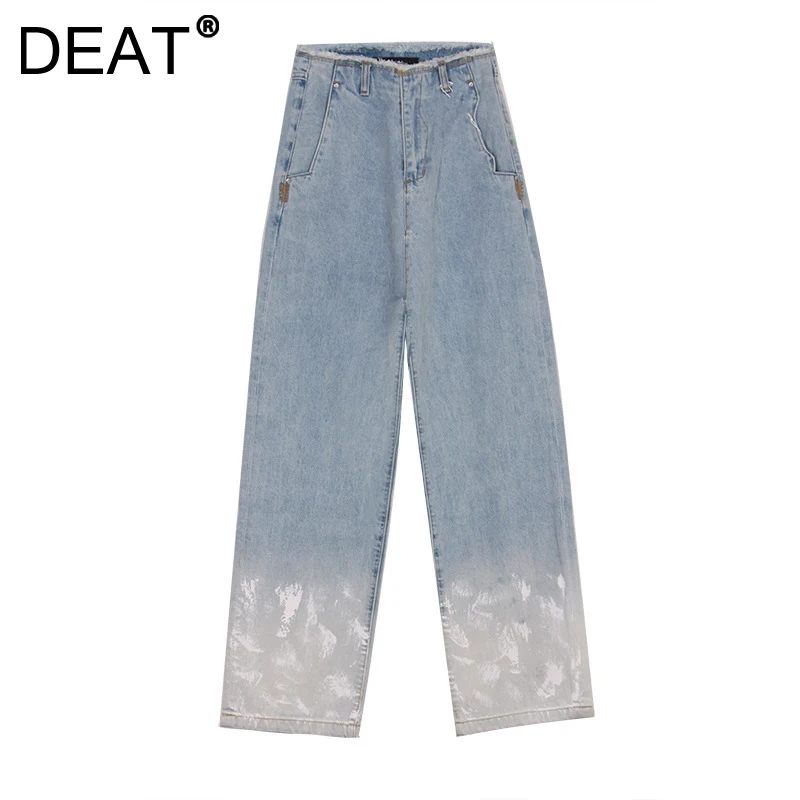 DEAT Women's Jeans High Waist Burrs Patchwork Pocket Denim Gradient Color Straight Long Pants 2023 Summer New Fashion 29L642 
DEAT Women's Jeans High Waist Burrs Patchwork Pocket Denim Gradient Color Straight Long Pants 2023 Summer New Fashion 29L642