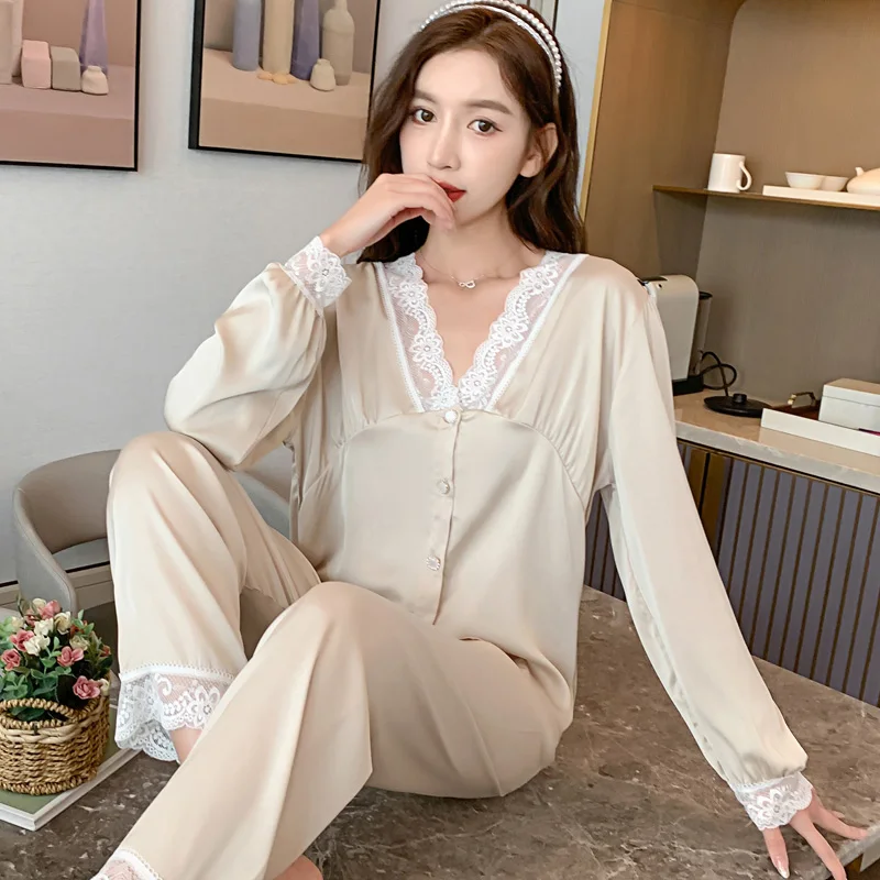QUHENG Autumn Ice Silk Pajamas Ladies Lapel Casual Loose Home Clothes Women's Silk Sexy Pajamas Long-sleeved Trousers Two-piece
QUHENG Autumn Ice Silk Pajamas Ladies Lapel Casual Loose Home Clothes Women's Silk Sexy Pajamas Long-sleeved Trousers Two-piece