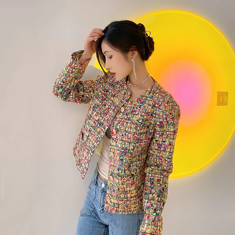 Colorful Wool Tweed Fabric Women Short Coat Woven Outerwear Plaid Street Jackets Thick Office Work Clothing
Colorful Wool Tweed Fabric Women Short Coat Woven Outerwear Plaid Street Jackets Thick Office Work Clothing