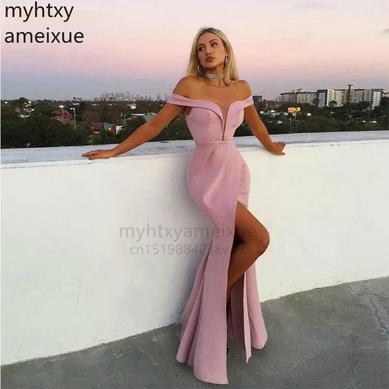 Женское атласное платье-Русалка длинное розовое платье с открытыми плечами и