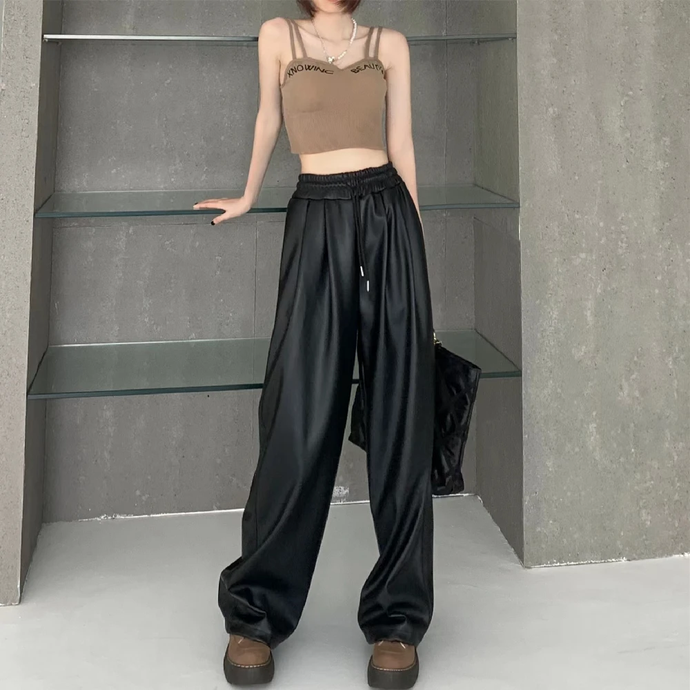 Черные штаны из искусственной кожи на шнуровке с эластичным поясом, спортивные Прямые длинные брюки, женская одежда в стиле гранж Харадзюку... 
Черные штаны из искусственной кожи на шнуровке с эластичным поясом, спортивные Прямые длинные брюки, женская одежда в стиле гранж Харадзюку...