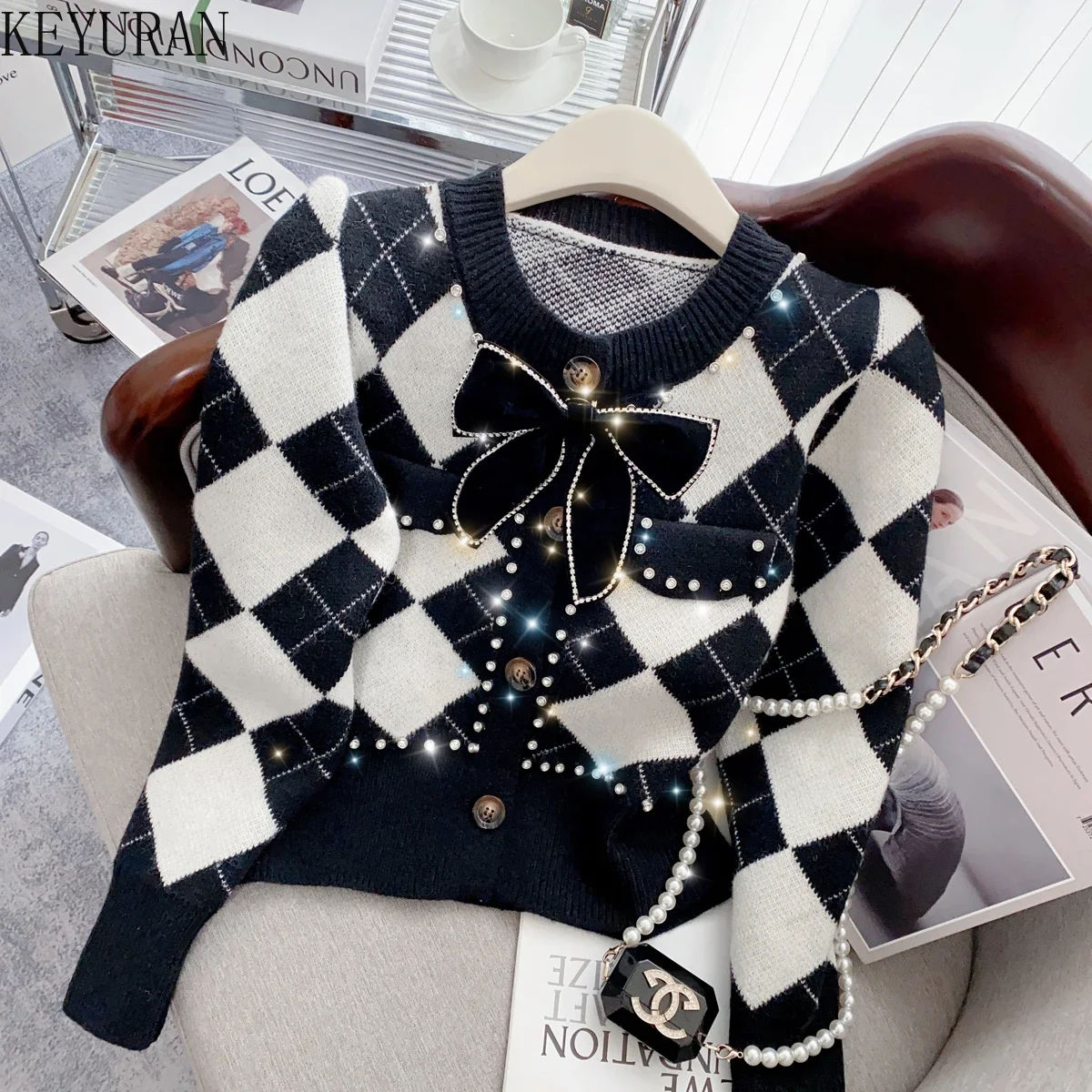 

Vintage Bow Diamonds Beading Argyle Knitted Cardigan Sweater Women Autumn Winter O-Neck Long Sleeve Knitwear Tops Coat Jumpers