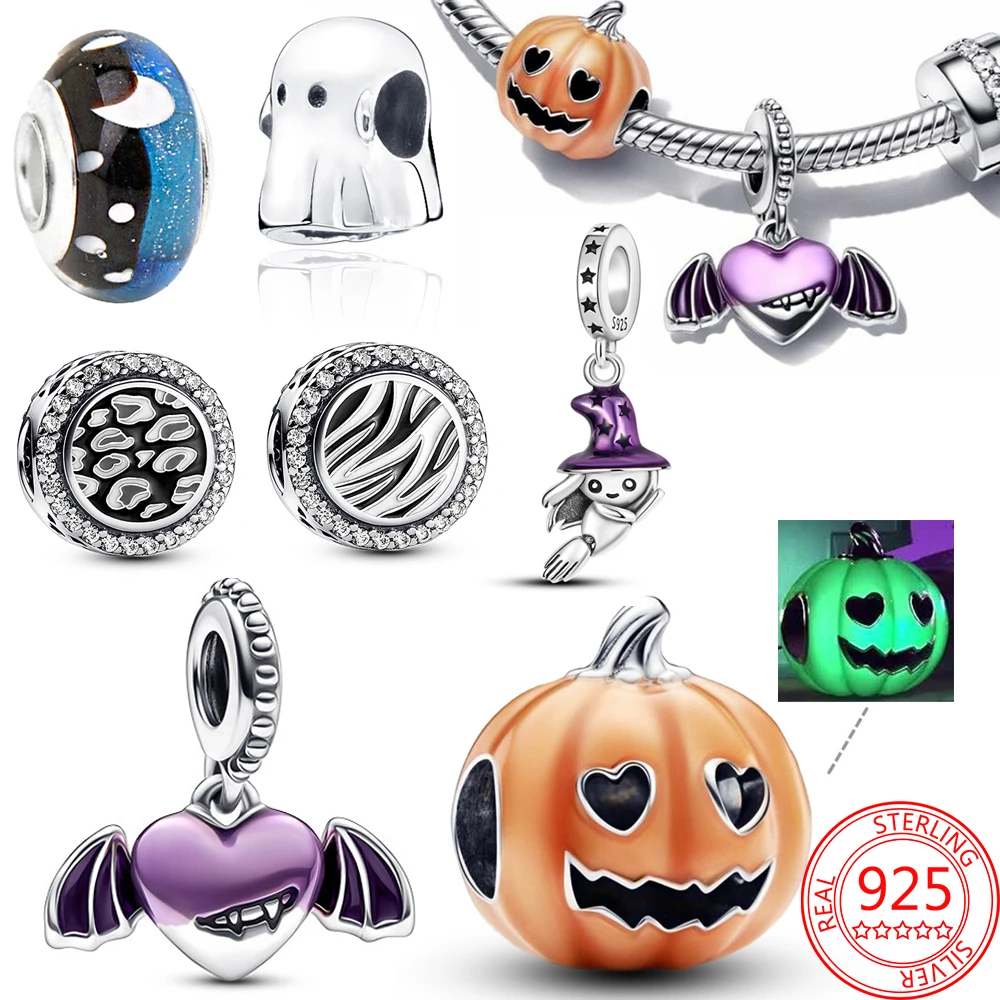 

New Halloween Charm 925 Silver Murano Glass Beads Pumpkin Bat Witch Charm Suitable for bracelets and bracelets Christmas ornamen