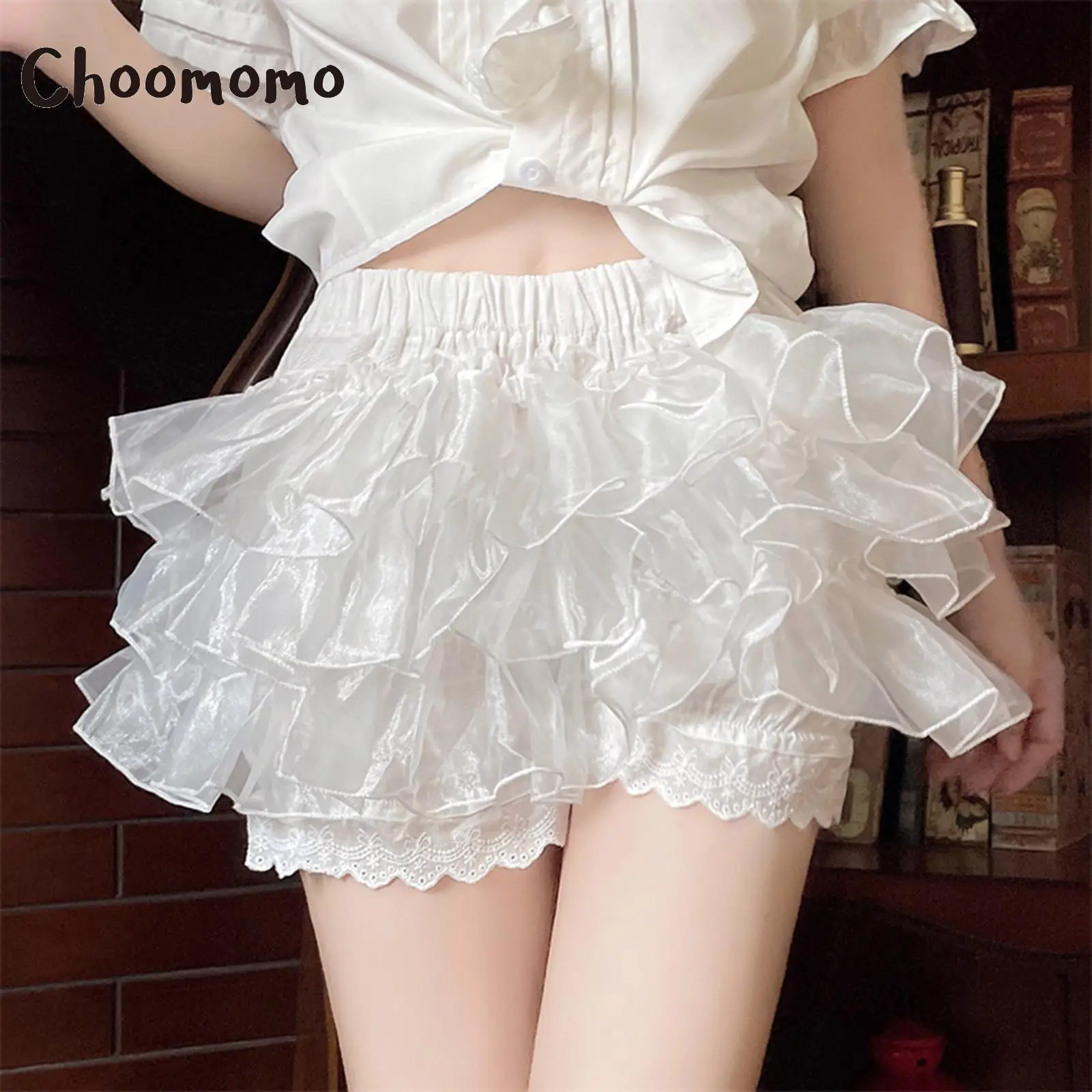 

Womens Maid Cosplay Halloween Theme Party Frilly Panties Tiered Ruffled Bloomers Shorts Lace Trim Culottes