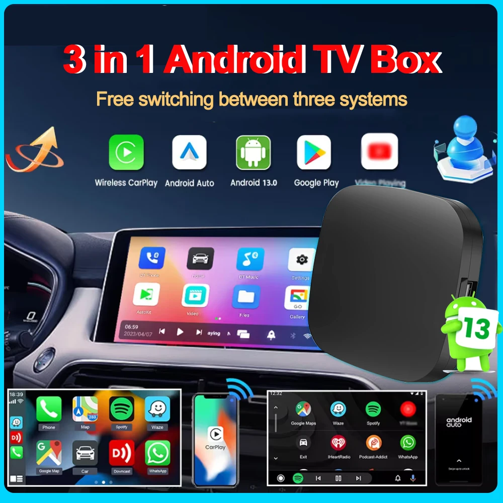 3 в 1 Carplay Android Auto 13 Беспроводной адаптер OEM Проводной к беспроводному CarPlay Box