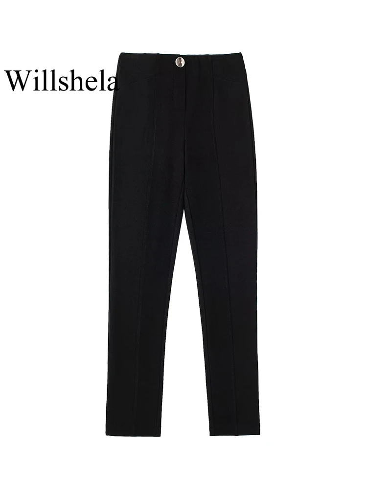 

Willshela Women Fashion Solid Front Button Slim Fitting Trousers Vintage Full Length High Waist Female Chic Lady Straight Pants