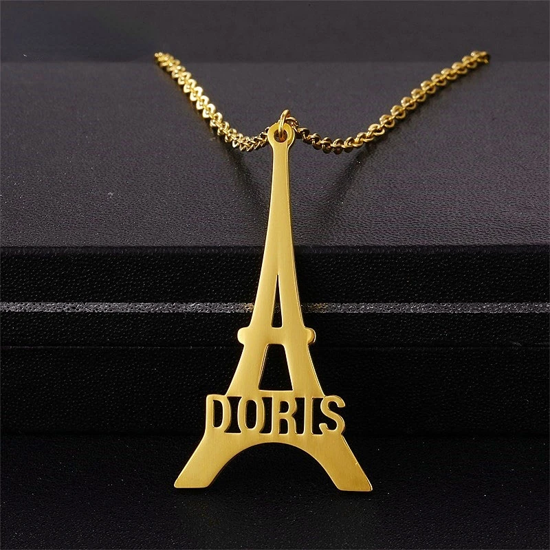 

Custom Name Pendant Necklace Women Men Stainless Steel Link Chain Personality Nameplate Jewelry Eiffel Tower Necklace