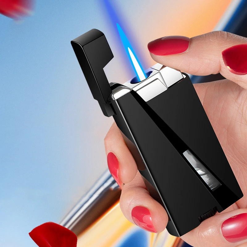 

Flame Ultra Thin High End Cigarette Visible Gas Lighter Unusual Creative Metal Torch Turbo Windproof Blue Butane Cigar Lighters