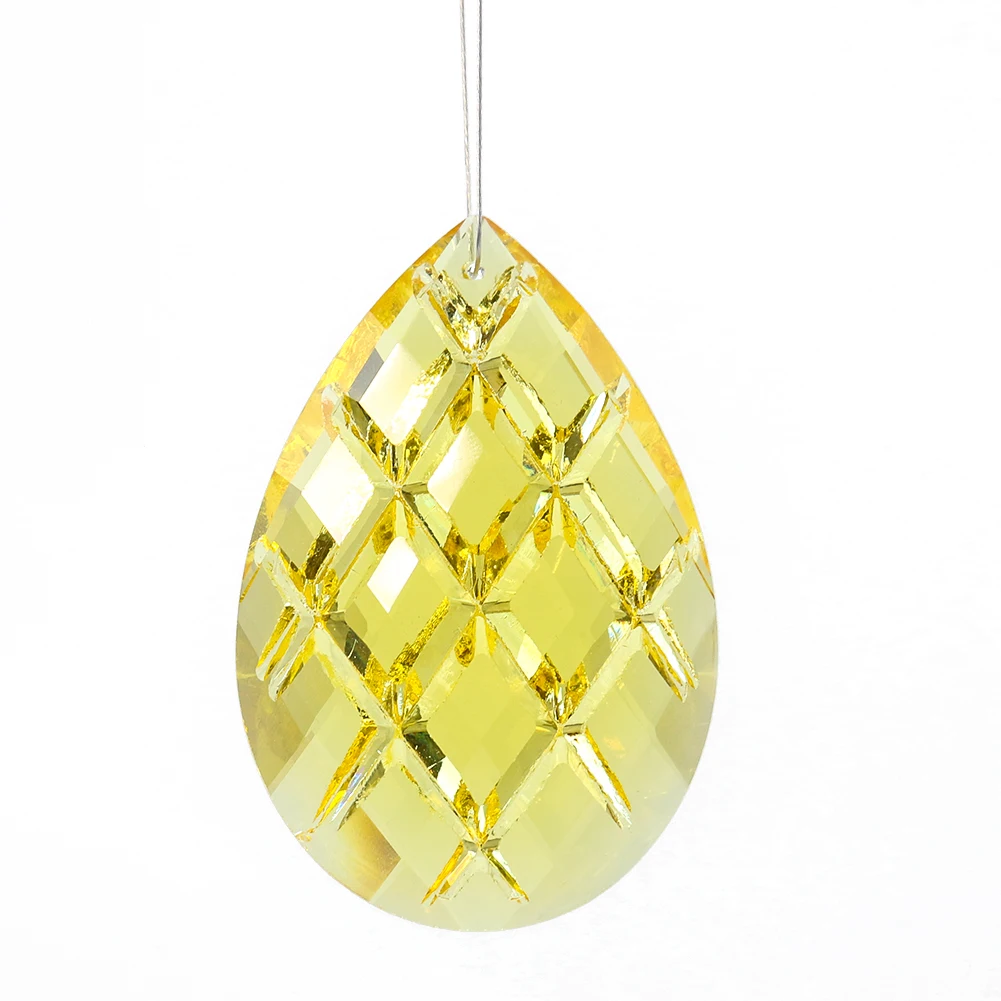 

75MM Lemon Yellow Water Droplets Grid Laser Cutting Crystal Faceted Prism Chandelier Parts Sun Catcher Feng Shui Wedding Decor