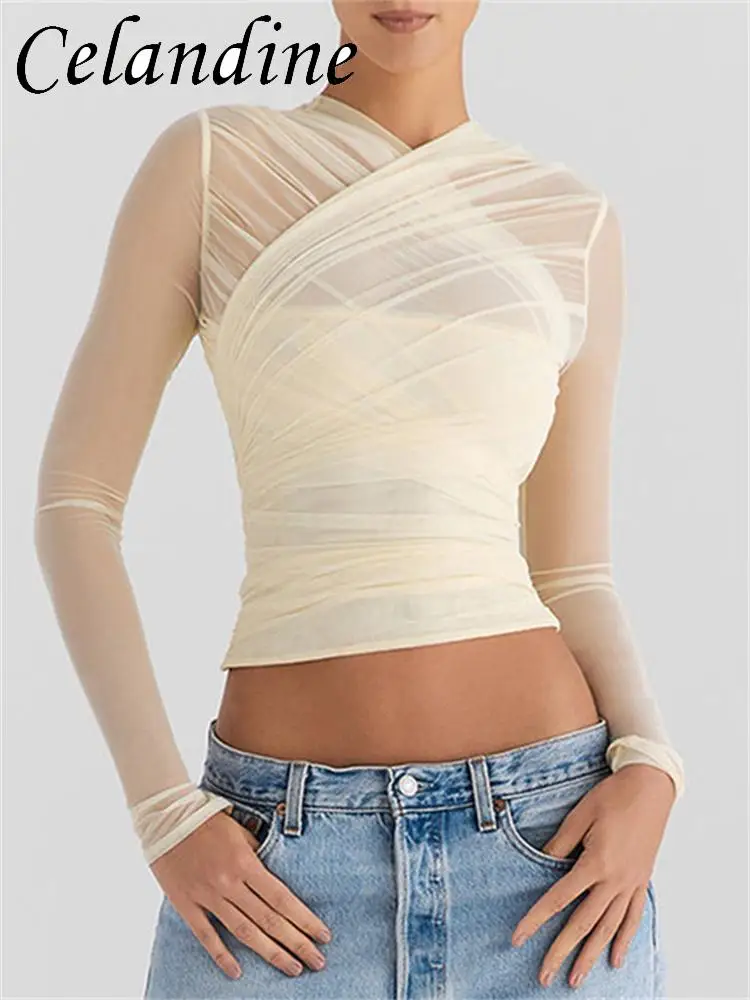 Celandine Mesh Ruched Long Sleeve T Shirt Sexy See Through Women Fashion Skinny Solid Criss Cross Crop Tops Summer 2023
Celandine Mesh Ruched Long Sleeve T Shirt Sexy See Through Women Fashion Skinny Solid Criss Cross Crop Tops Summer 2023