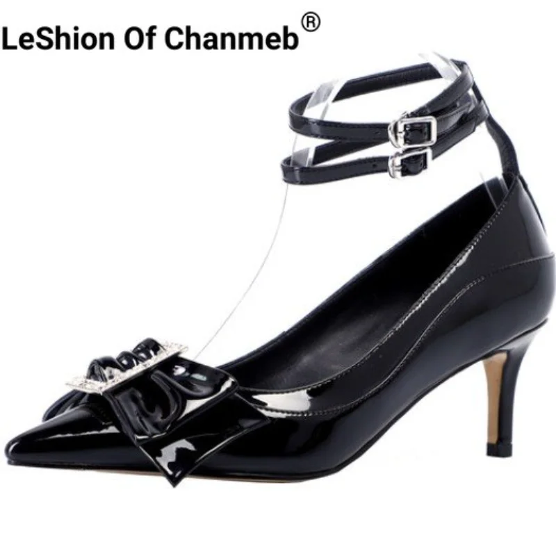 

Женские лакированные туфли-лодочки LeShion Of Chanmeb из коровьей кожи, женские туфли на тонком высоком каблуке с бантом, туфли с двойным ремешком и пряжкой, женские туфли с острым носком