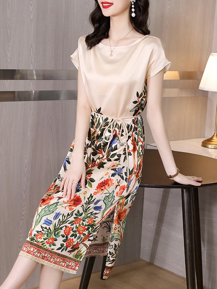 

Новинка 2023, летнее атласное Повседневное платье средней длины с круглым вырезом, элегантное винтажное цветочное модное платье, Роскошные платья для женщин, женское платье в Корейском стиле