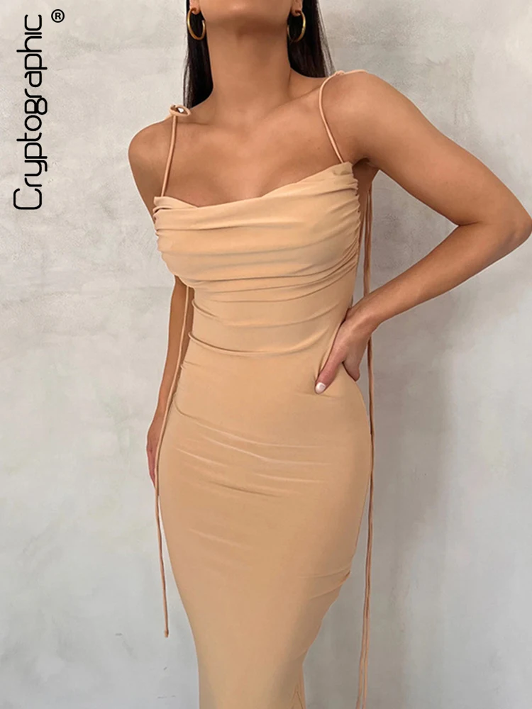 

Cryptographic Elegant Sexy Backless Draped Maxi Dress for Women Summer Outfits Gown Party Sleeveless Knit Ruched Long Dresses