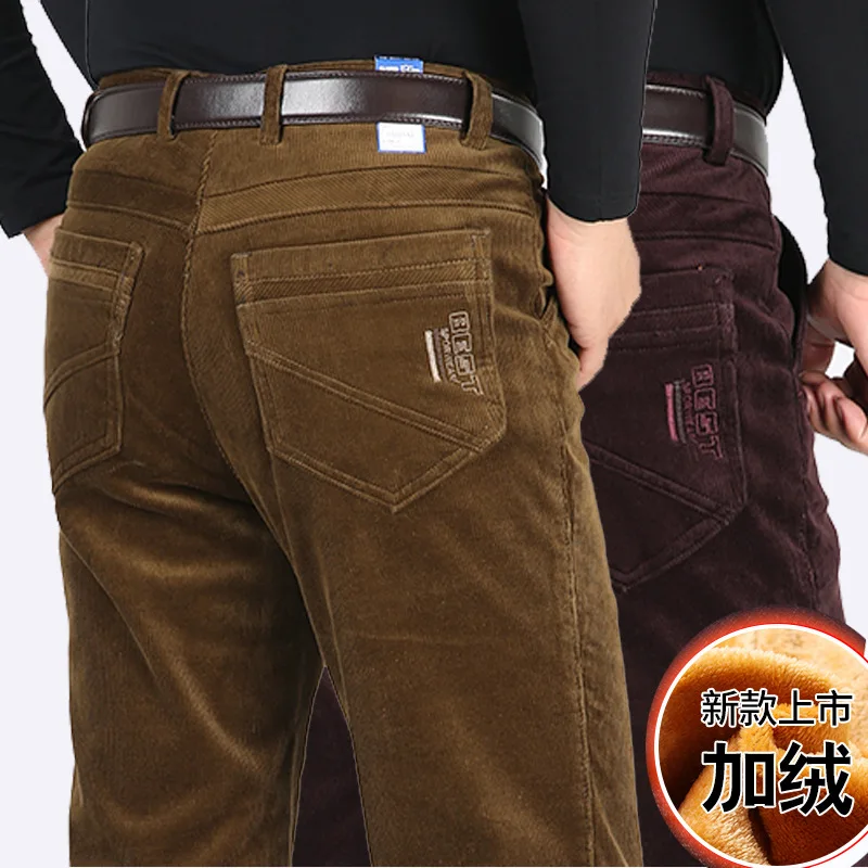 

New Fashion Large Pure Cotton Elastic Corduroy Men Pants Loose Trousers Casual Winter Full Length Lining Velvet Plus Size 29-44