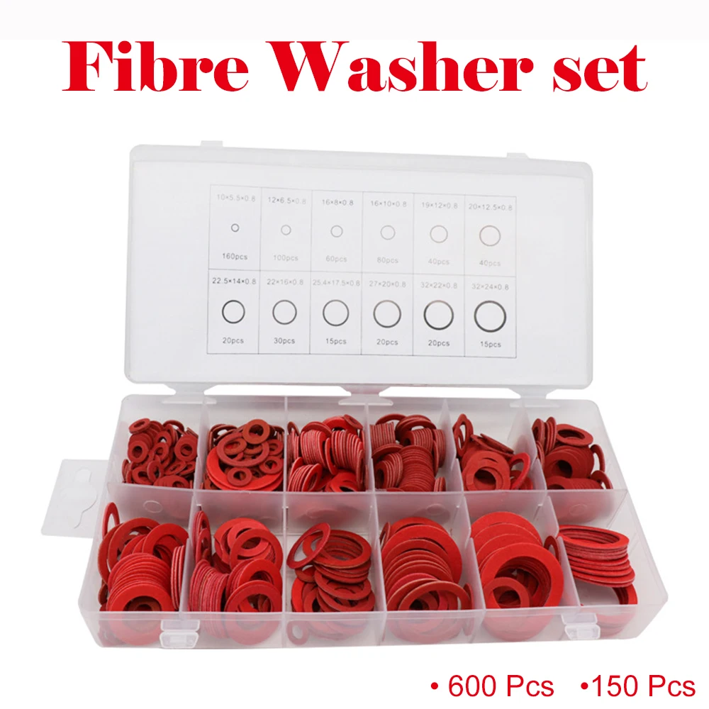 

600/150Pcs Fibre Washer Set Assorted Fibre Seals Various Sizes Sealing Washers Ring Seal Assortment Kit Fastener Spacer Tools