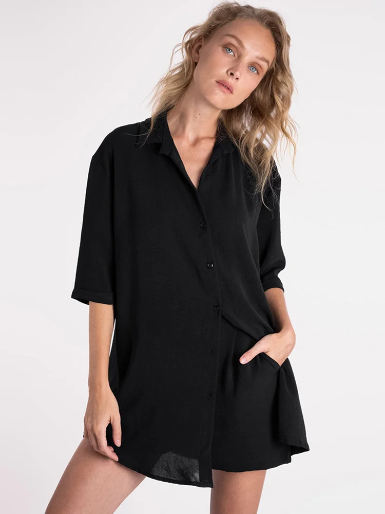 Black Pajamas For Women 2 Piece Sets Loose Half Sleeve Sleepwear Female Casual Night Suits With Shorts Solid Spring 2023
Black Pajamas For Women 2 Piece Sets Loose Half Sleeve Sleepwear Female Casual Night Suits With Shorts Solid Spring 2023