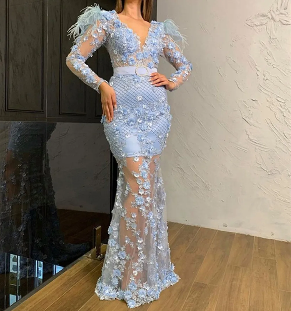 

2022 Pretty Baby Blue 3D Flower Mermaid Prom Dresses Pearls Lace Feather Long Prom Gowns Sexy See Thru Formal Party Dress