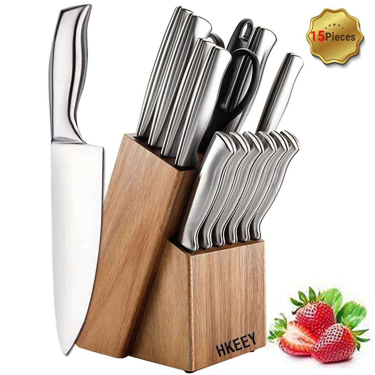 Knife Set, 15 Pieces German Stainless Steel Kitchen Knives Block Set with Built-in Sharpener, Silver
Knife Set, 15 Pieces German Stainless Steel Kitchen Knives Block Set with Built-in Sharpener, Silver