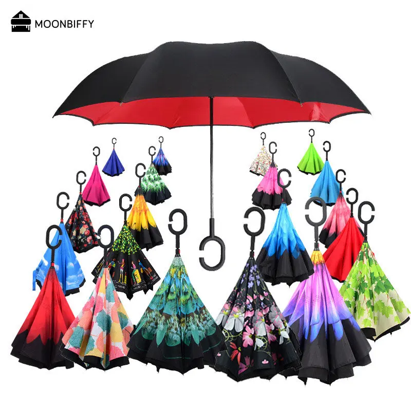 

2023 Hot Folding Long Shank Double Layer Inverted Umbrella Windproof Reverse C-Hook Male Golf Umbrella Reverse Umbrellas for Car