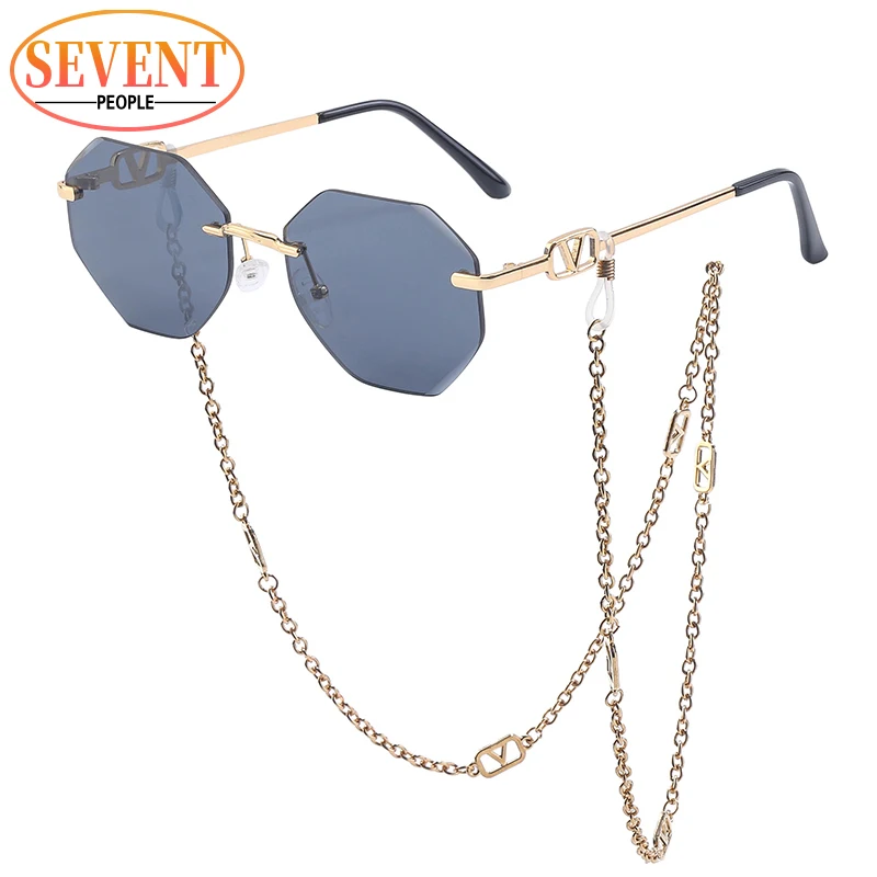 

Rimless Polygon Sunglasses With Chain 2023 Luxury Brand Designer Fashion Geometric Sun Glasses For Women Metal Frame Sunglass