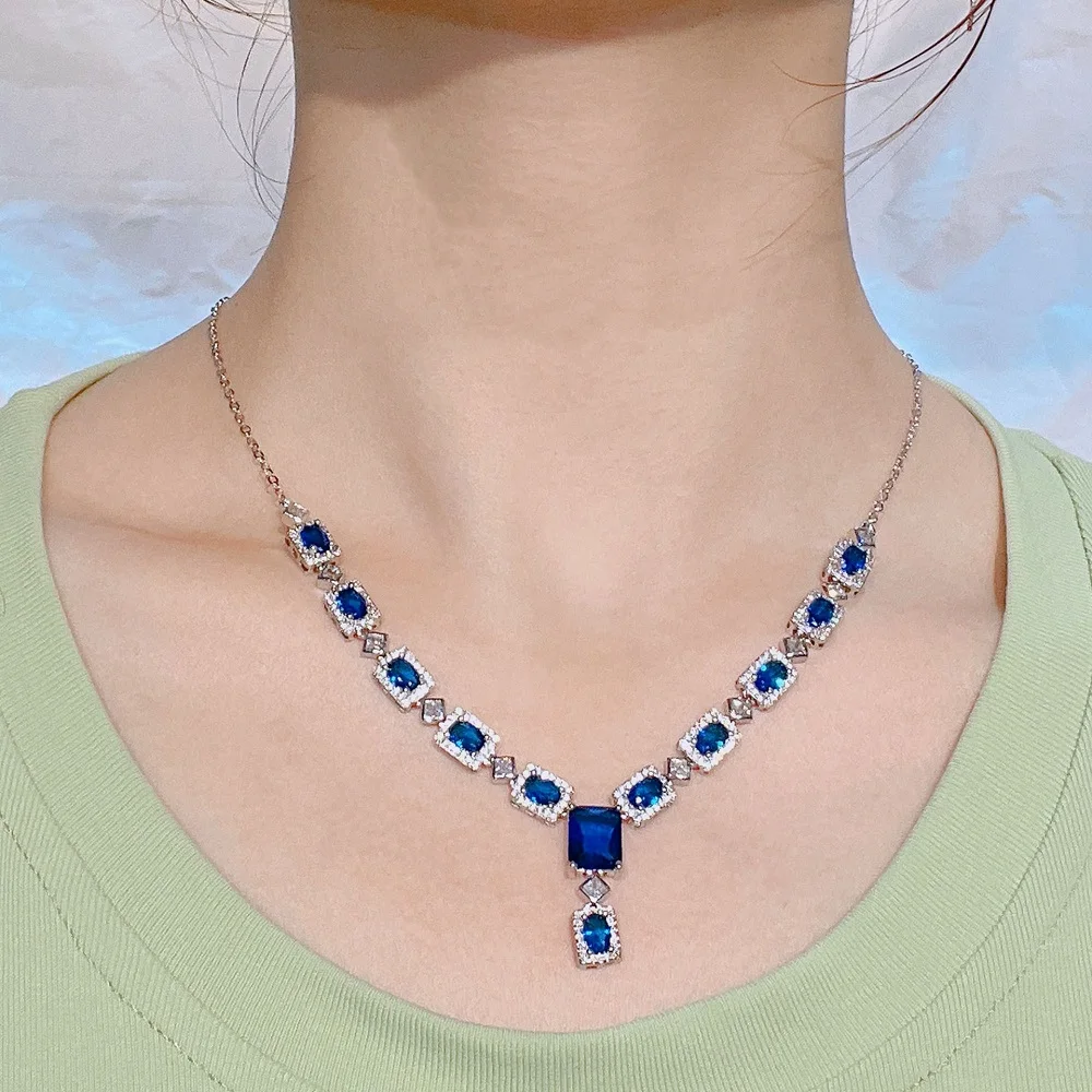 

Haute Couture Jewelry Designer Imitation Sri Lankan Royal Blue Sapphire Necklace Inlaid with Colorful Treasures Evening Chain Se
