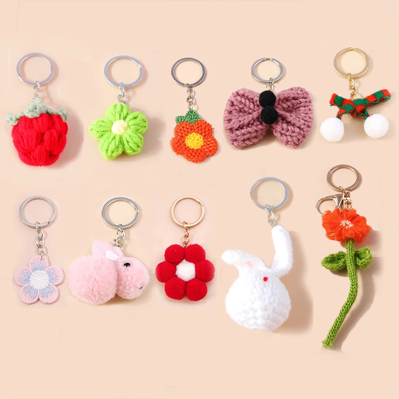 

Handmade Knitted Flower Keychain Keyring For Women Girl Crocheted Rabbit Strawberry Bowknot Bag Pendants Car Key Ring Gifts