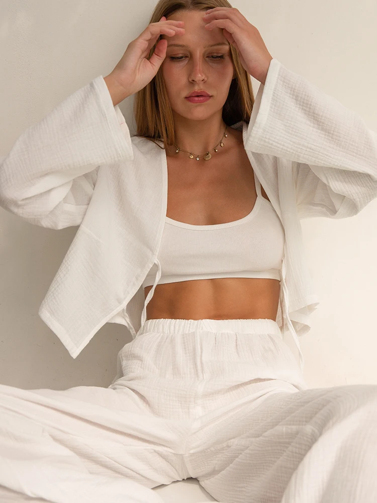 Linad Cotton Women's Nightwear White Long Sleeve Crop Top 2 Piece Sets Loose Trouser Suits 2022 Autumn Casual Female Sleepwear 
Linad Cotton Women's Nightwear White Long Sleeve Crop Top 2 Piece Sets Loose Trouser Suits 2022 Autumn Casual Female Sleepwear