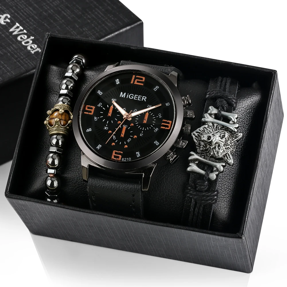 Men's Fashion Classic Black Quartz Watch Birthday Valentine Gift Set with Box for Men Stretchy Leather Wolf Head Bracelets Chain
Men's Fashion Classic Black Quartz Watch Birthday Valentine Gift Set with Box for Men Stretchy Leather Wolf Head Bracelets Chain