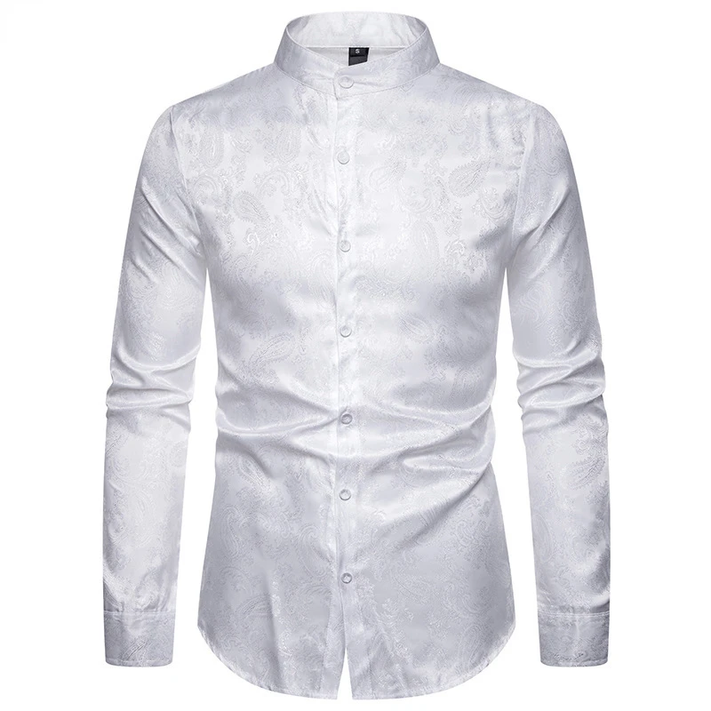

Mens Casual Luxury Print Dress Shirts Brand Mandarin Collar Paisley Jacquard Slim Shirt Party Wedding Club Social Shirt White