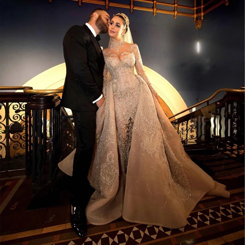 Hot Luxury Champagne Crystal Muslim Mermaid Wedding Dresses With Detachable Train Vintage Saudi Arabic Dudai Bridal Gown
Hot Luxury Champagne Crystal Muslim Mermaid Wedding Dresses With Detachable Train Vintage Saudi Arabic Dudai Bridal Gown