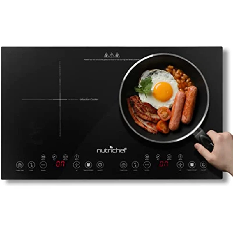 

Double Induction Cooktop - Portable 120V Portable Digital Ceramic Dual Burner w/Kids Safety Lock - Works with Flat Cast Iron Pan