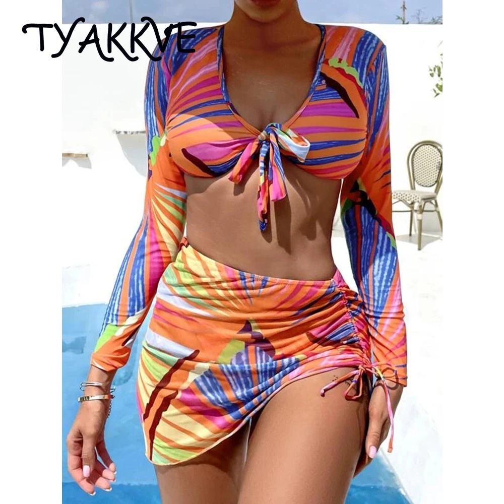 

Комплект бикини TYAKKV из 3 предметов, 2023, пляжная одежда, накидка, купальник с принтом, Женский сетчатый купальник, платье, бикини, сексуальный купальный костюм-бандо