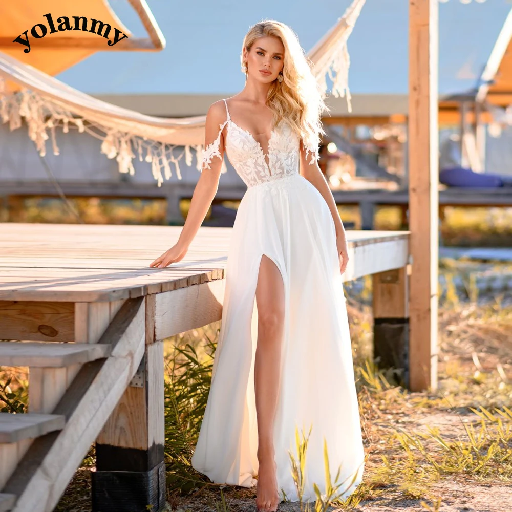 

YOLANMY Aline Slit V-Neck Appliques Spaghetti Strap Fancy Wedding Dresses For Mariages Fairytale Sleeveless Made To Order