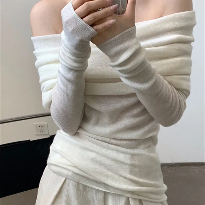 

Осенний Новый французский вязаный пуловер на одно плечо, топ, Женский дизайнерский облегающий свитер с открытыми плечами и длинным рукавом