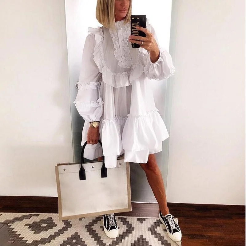 Elegant White High Neck Ruffle Dress Sexy Autumn Long Sleeve Short Loose Dresses Fashion Puff Sleeve Dress Vestidos Mulher 2021
Elegant White High Neck Ruffle Dress Sexy Autumn Long Sleeve Short Loose Dresses Fashion Puff Sleeve Dress Vestidos Mulher 2021