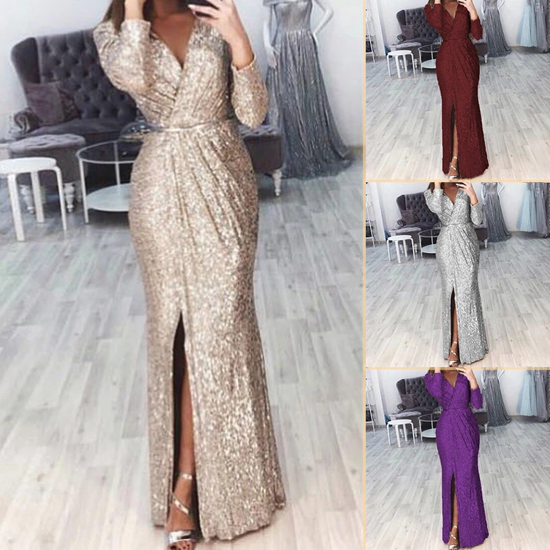 New Women Deep V Neck Sequin Dress with Slit Long Sleeve Club Party Evening Dress For Women Lady
New Women Deep V Neck Sequin Dress with Slit Long Sleeve Club Party Evening Dress For Women Lady