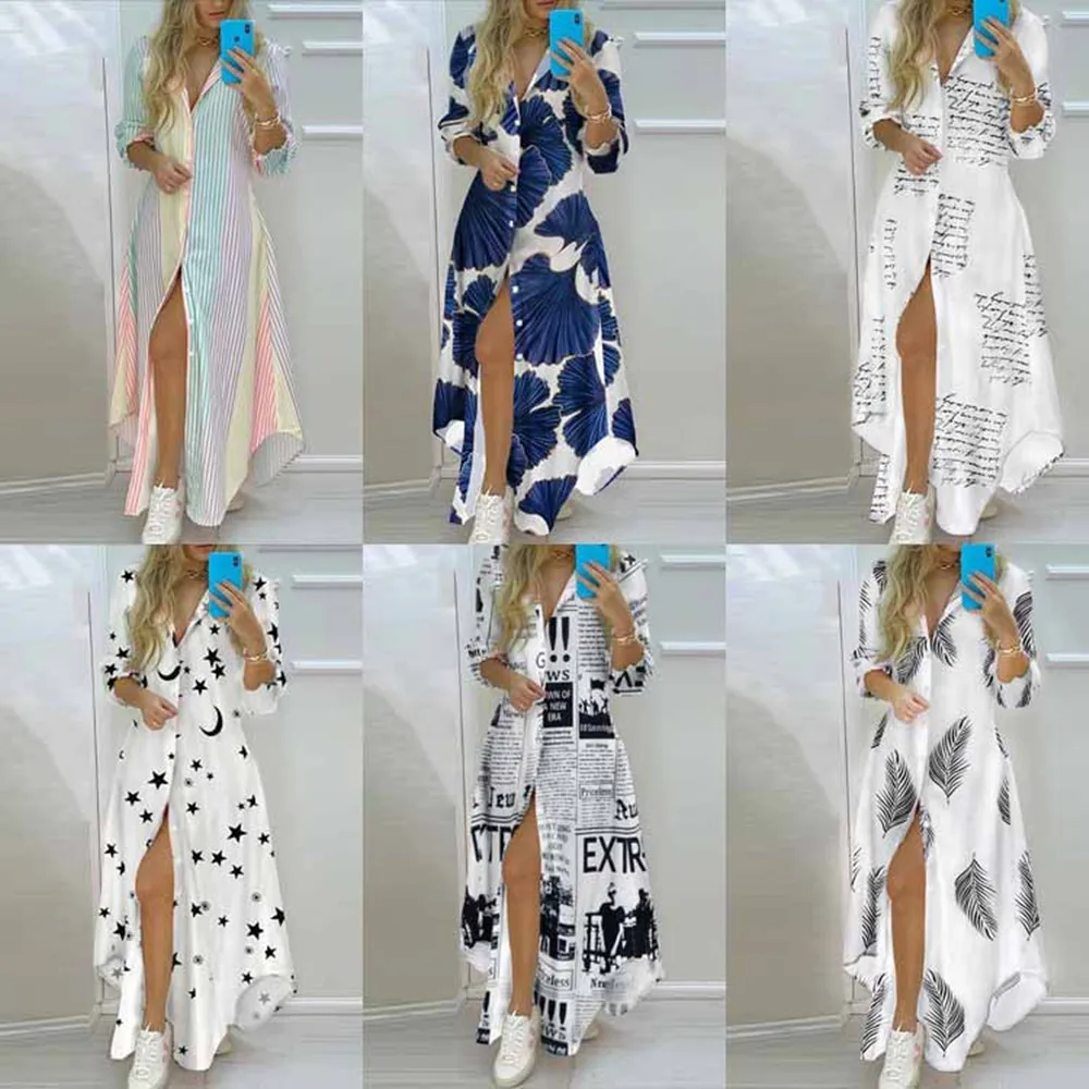 

Boho Dress 2022 Autumn Single Breasted Button Irregular Long Dress Women Sexy Turn-down Collar Newspaper Letter Print Maxi Dress