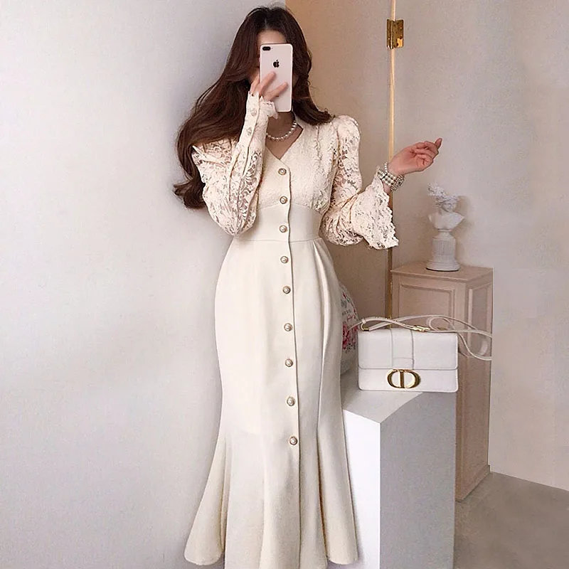 WTIANYUWFashion корейское шикарное Новое Женское весенне-осеннее кружевное лоскутное однобортное платье-Русалка с длинным рукавом и V-образным вырезом 2022
WTIANYUWFashion корейское шикарное Новое Женское весенне-осеннее кружевное лоскутное однобортное платье-Русалка с длинным рукавом и V-образным вырезом 2022