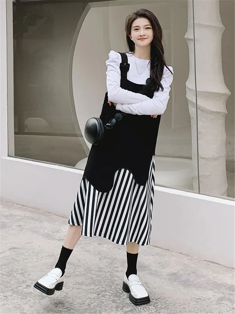 Fashion Spliced Stripe Strap Dress for Women 2022 Spring Autumn Korean Style Elegant Casual Loose Black Suspender Dresses 2216
Fashion Spliced Stripe Strap Dress for Women 2022 Spring Autumn Korean Style Elegant Casual Loose Black Suspender Dresses 2216