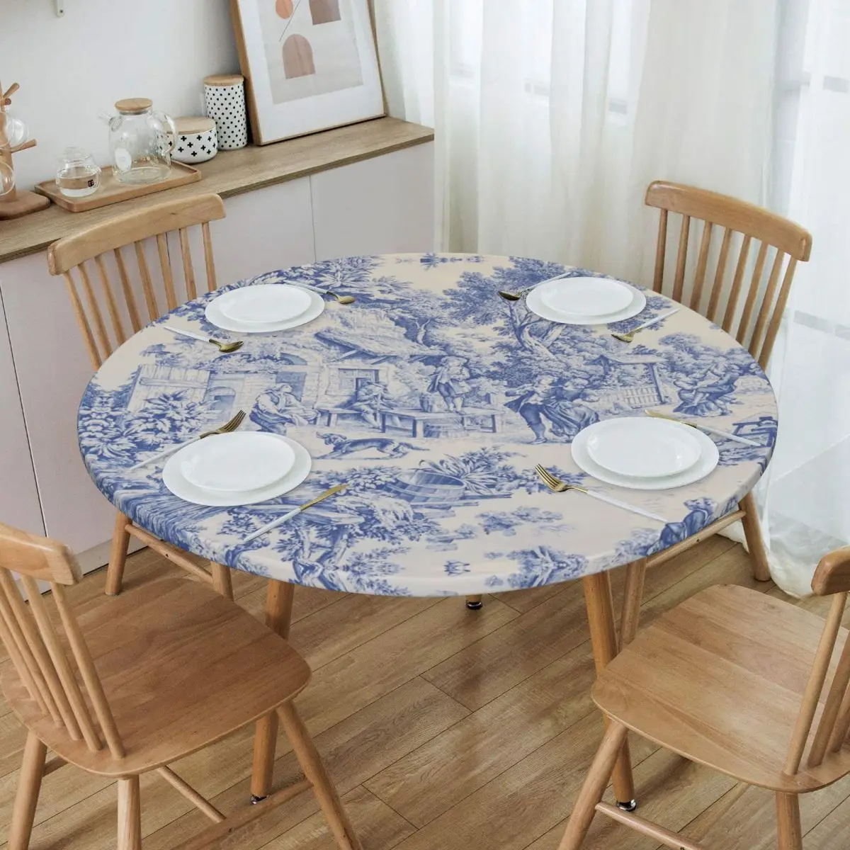 

Classic French Toile De Jouy Navy Blue Motif Pattern Tablecloth Round Elastic Fitted Oilproof Table Cover Cloth for Banquet