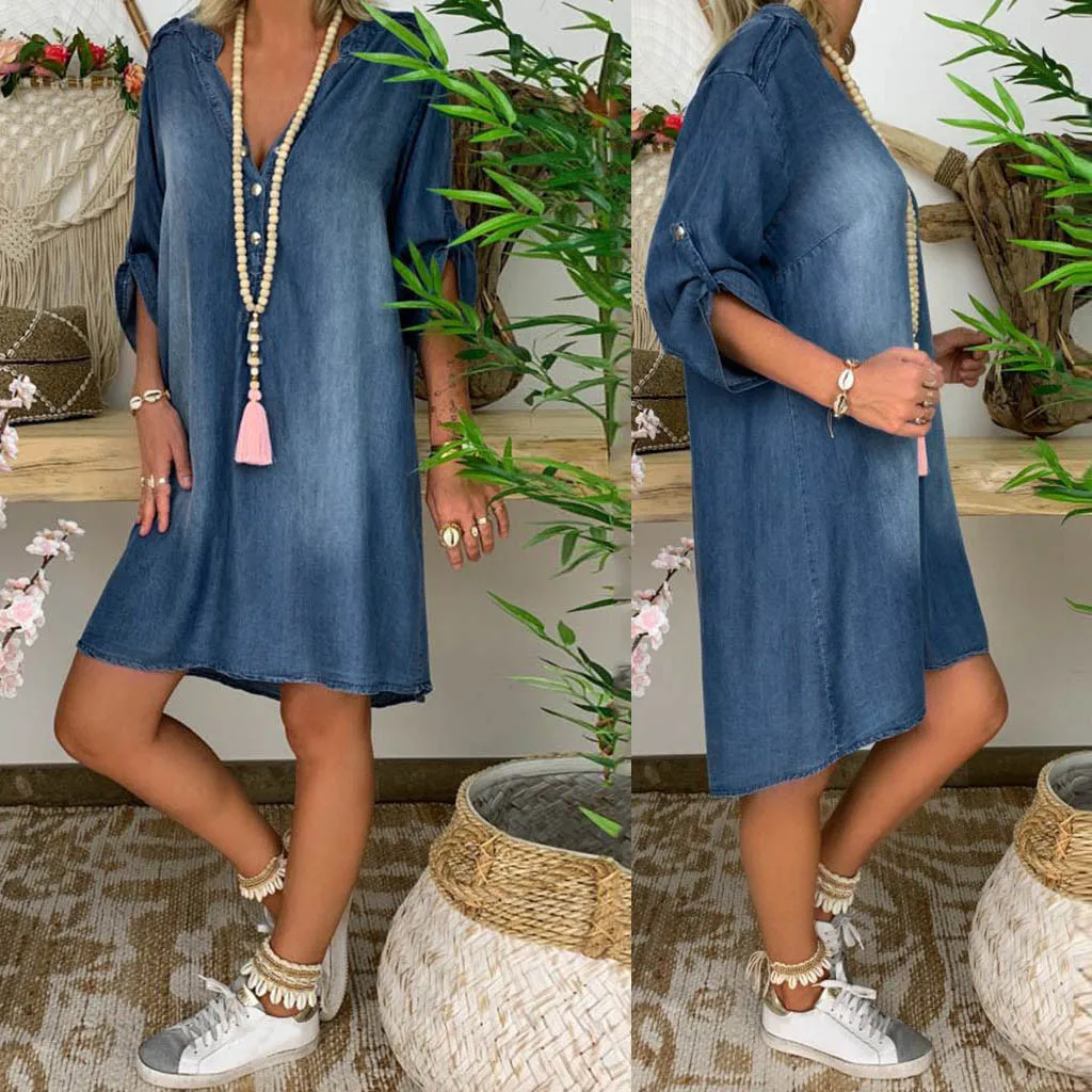 Dress Party Casual Sleeve Summer Women's Long Neck Denim V Dresses Swing Short Women's Casual Dress Tee Shirt Dress
Dress Party Casual Sleeve Summer Women's Long Neck Denim V Dresses Swing Short Women's Casual Dress Tee Shirt Dress