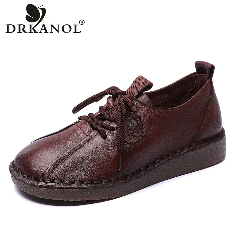 

DRKANOL Handmade Retro Women Flat Shoes Soft Cow-muscle Sole Genuine Leather Lace-up Casual Mother Shoes Zapatos Mujer H22030F