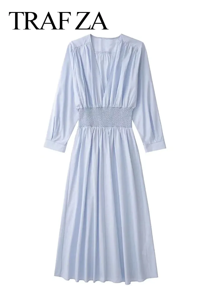 TRAF ZA Ladies Long Sleeve Dress V Neck Elastic Waist Solid Color Slim Midi Dress Street Office Elegant Temperament Clothing
TRAF ZA Ladies Long Sleeve Dress V Neck Elastic Waist Solid Color Slim Midi Dress Street Office Elegant Temperament Clothing