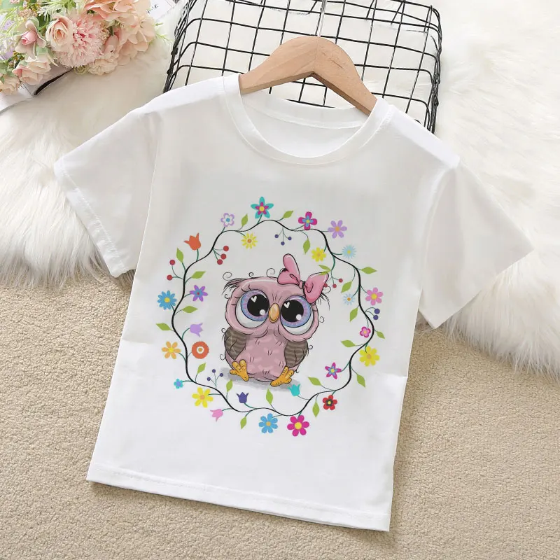 

Girls Summer Clothes Children Owl Cartoon Print T-Shirt Baby Cotton Blended Short Sleeve Top Kids Thin Section Wear