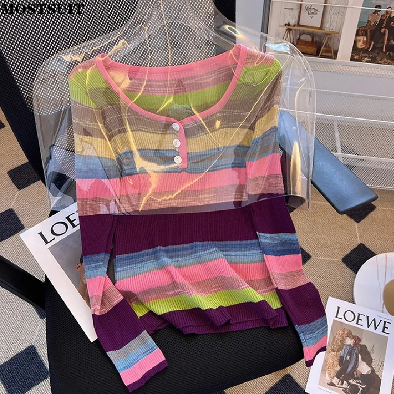 Colorful Striped Knitted Sweater Pullover Women Slim Fashion Contrast Color Ladies Tops Long Sleeve Buttons All Match Jumpers
Colorful Striped Knitted Sweater Pullover Women Slim Fashion Contrast Color Ladies Tops Long Sleeve Buttons All Match Jumpers
